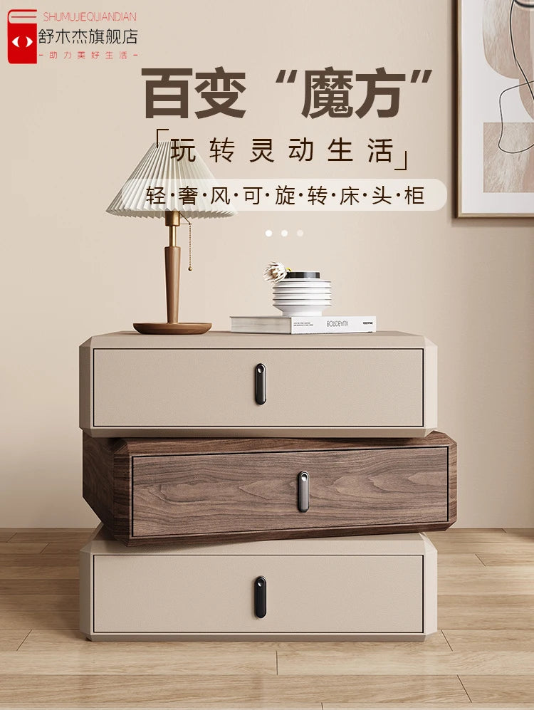 Rotating Solid Ｗood Ｎightstand Modern White Drawer Nordic Hotel Bedside Table Small Storage Mesitas De Noche Home Furniture