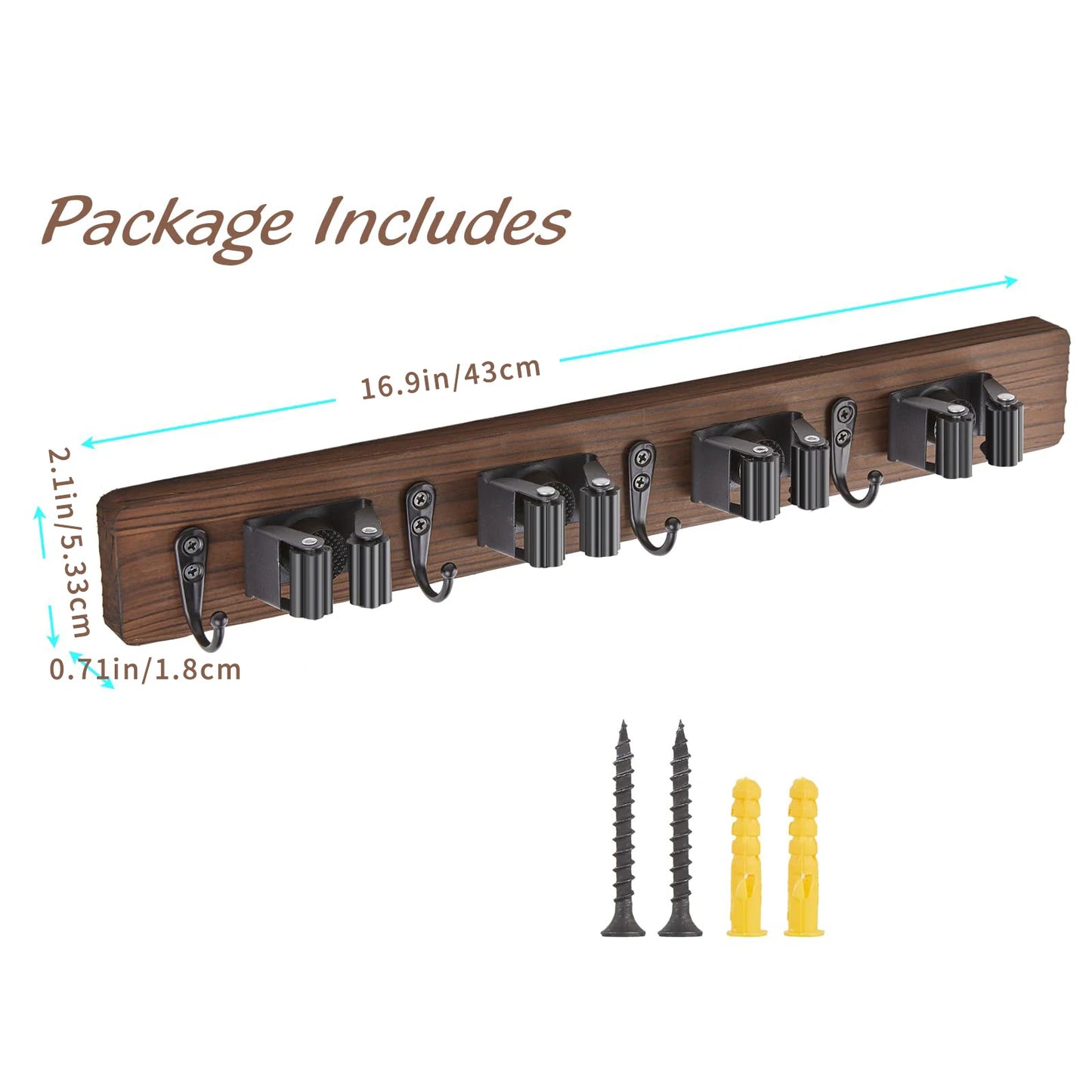 Rustic Wood Broom Mop Holder Hanger Wall Mounted Garden Tool Rack Organizer With 4 Slots 4 Hooks For Garage Laundry Room