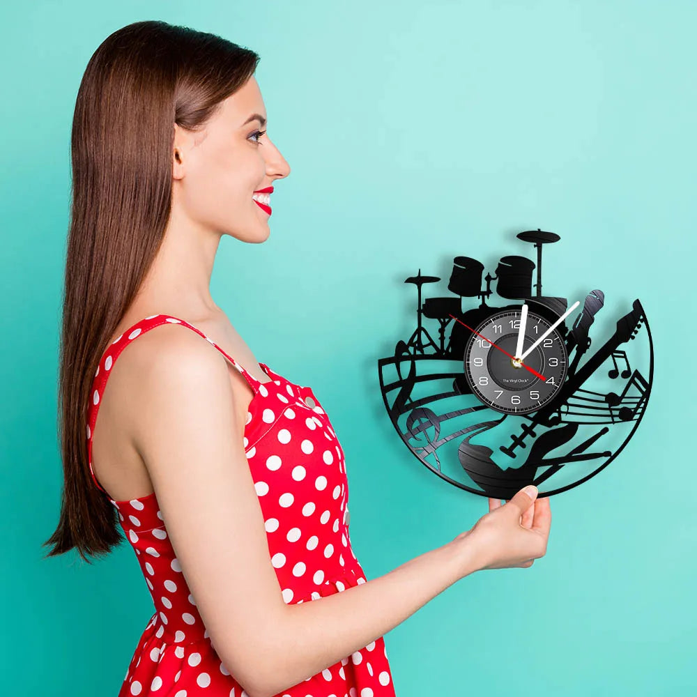 Guitar and Drum Kits Wall Clock Guitar Player Music Vinyl Record Clock Rock Music Instrument Guitar Wall Art Rock n Rock Gift