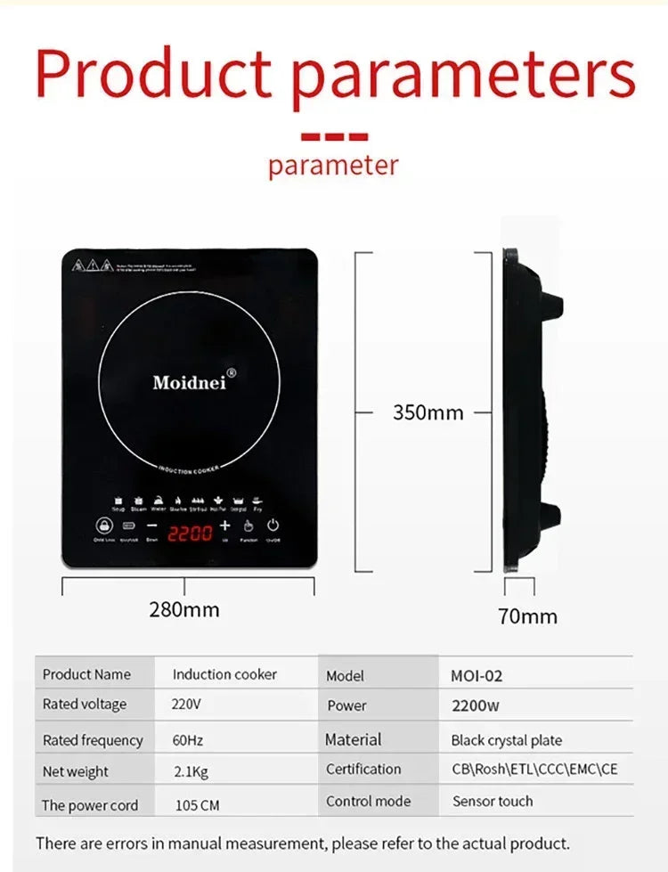 EU/UK/US Multifunctional Portable 2200W High-power Electric Induction Cooktop 110V/220V Home Kitchen Touch Panel Desktop Burner