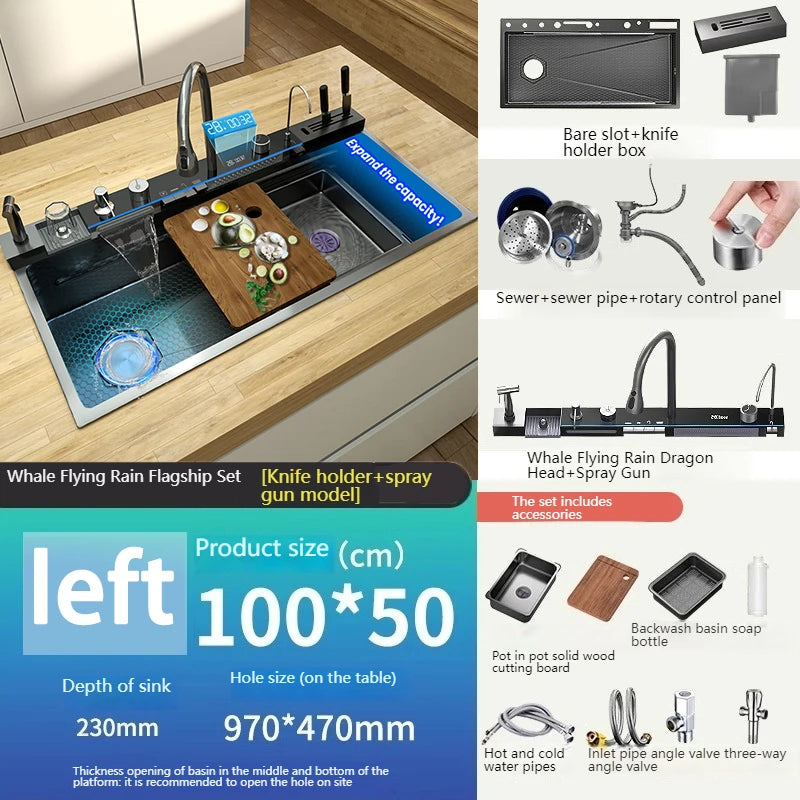 Stainless Steel New Waterfall Kitchen Sink Digital Display Dishwashing Sinks With Draining Rack Embossed Extra Large Single Slot