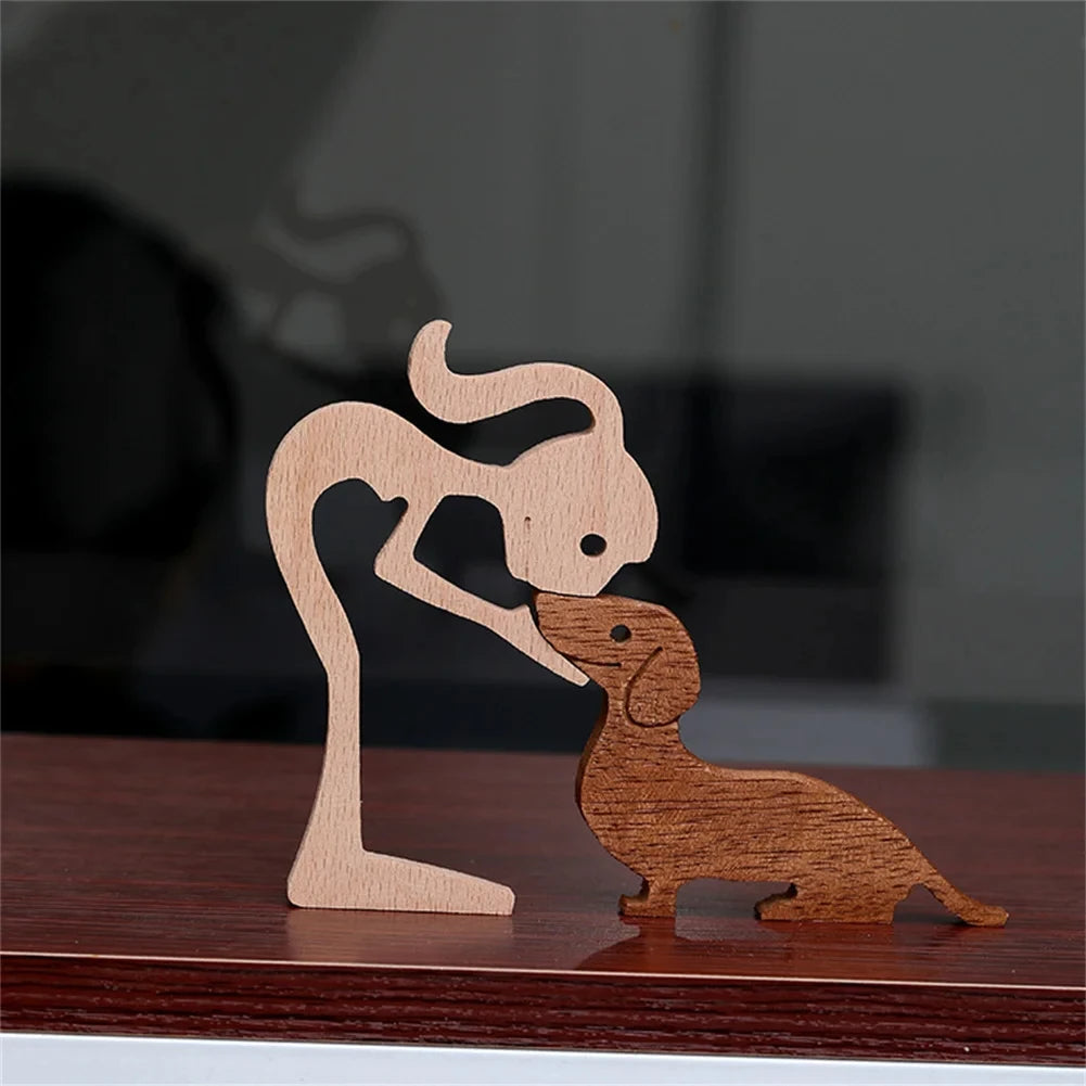 Wooden Dog And Human Craft Figurin Creative 3D Home Office Decoration Man Statue Wood Toy Desk ECO Friendly Free Shipping