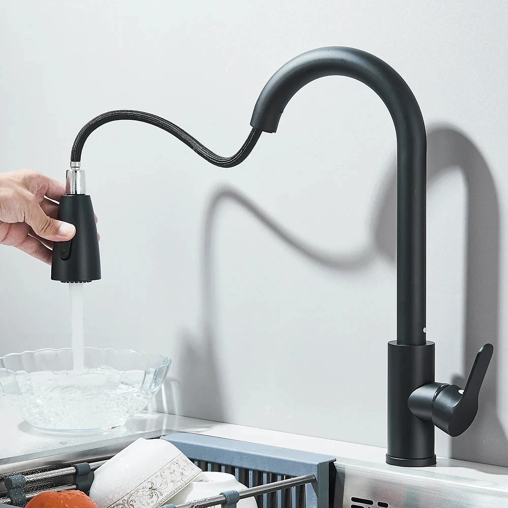 304 brushed kitchen faucet, black surface faucet, kitchen sink faucet, pull-out kitchen faucet, single hole faucet