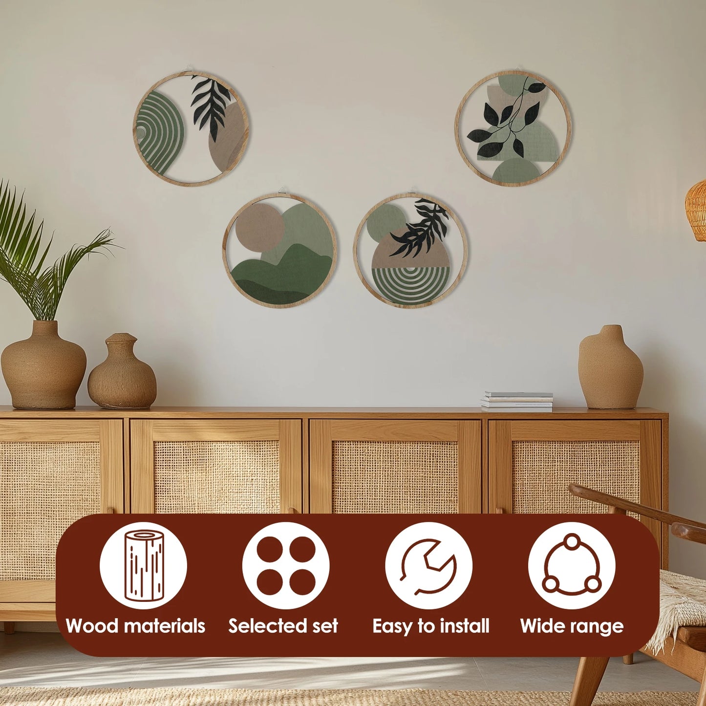 4Pcs Wood Wall Decor Hanging Wall Art Decorative Bohemian Home Decoration Nursery Wall Art Round Shape for Living room Bedroom