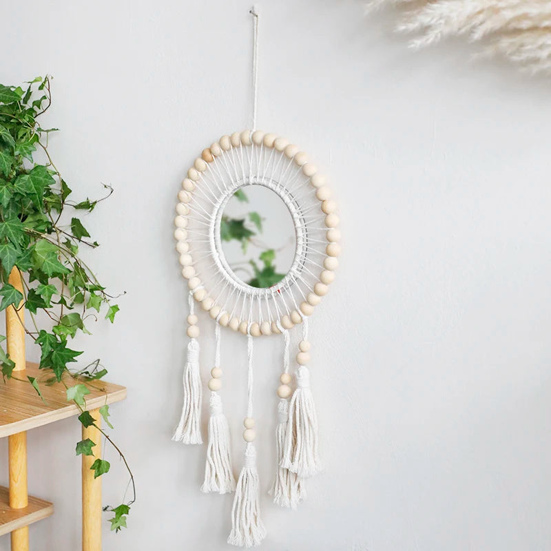 Wall Mirror Macrame Wooden Beads Decorative Mirrors Boho Home Decoration Room Decors Aesthetic Wall Art For Living Room Bedroom