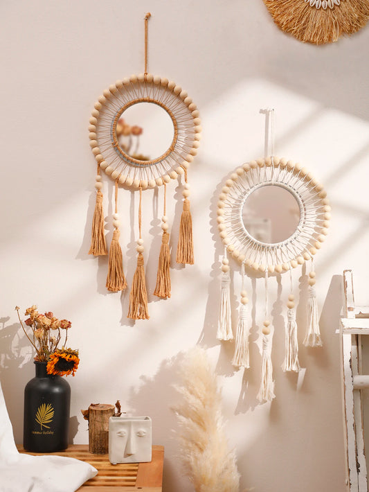 Wall Mirror Macrame Wooden Beads Decorative Mirrors Boho Home Decoration Room Decors Aesthetic Wall Art For Living Room Bedroom