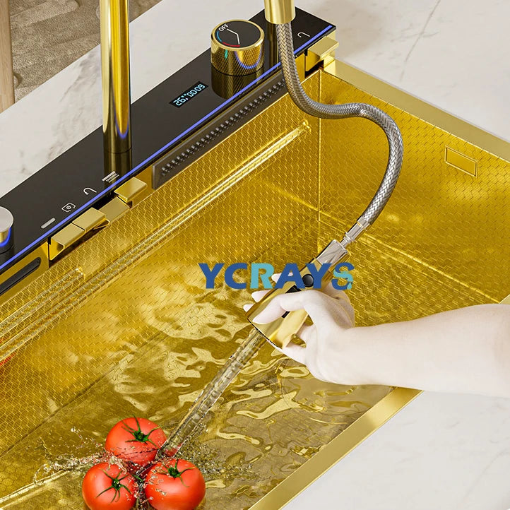 YCRAYS Gold Waterfall Multifunctional Kitchen Sink Large Single Slot Integrated Digital Display Faucet Soap Dispenser Cup Washer