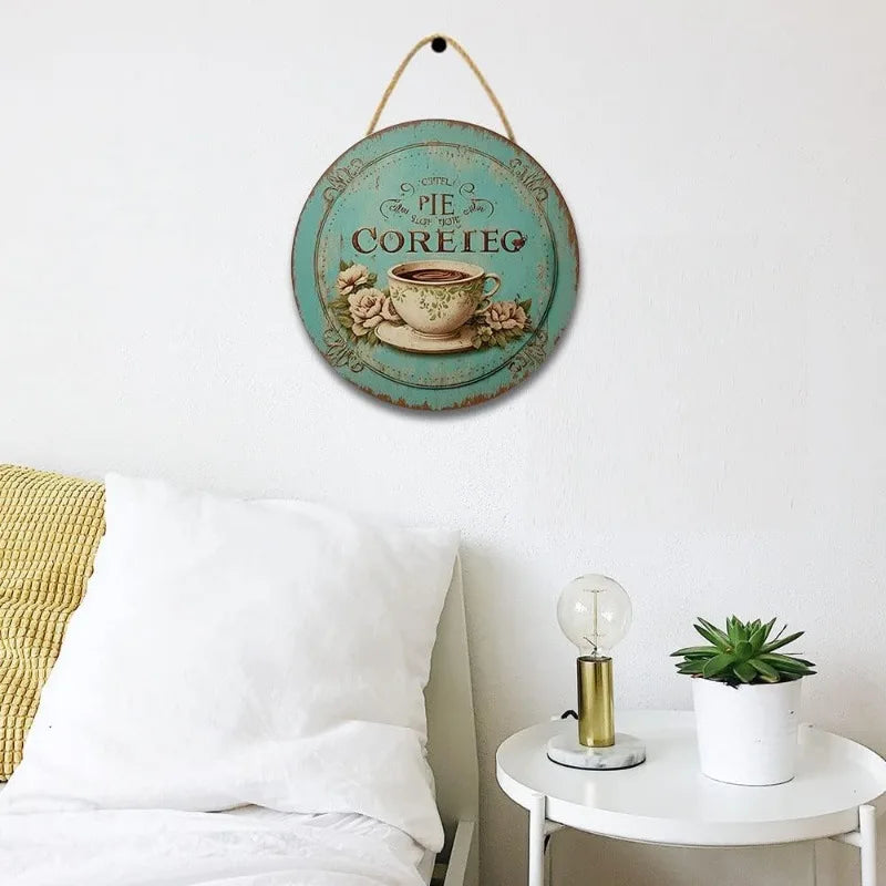 Coffee Themed Wall Decor - Blue & White Shabby Chic Wooden Sign, Rustic Coffee Cup Hanging Plaque for Kitchen & Dining Room