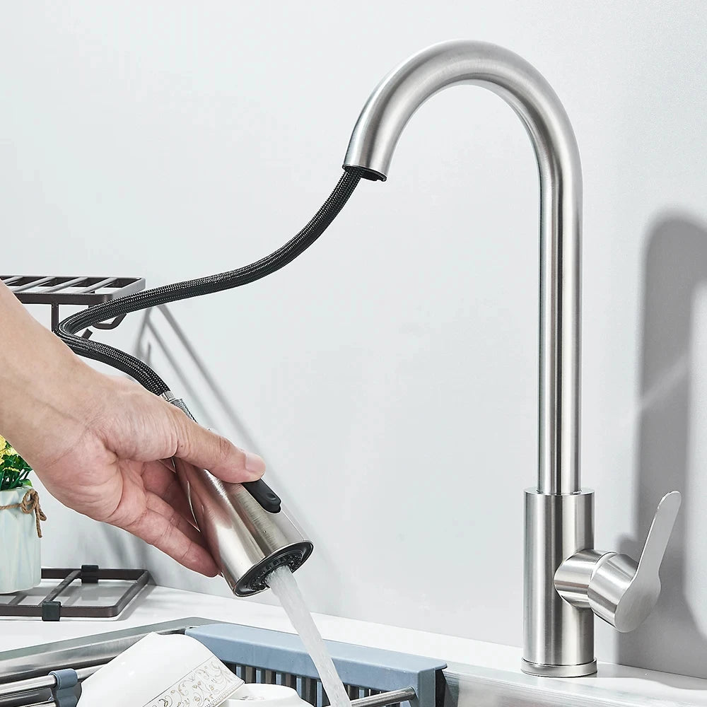 304 brushed kitchen faucet, black surface faucet, kitchen sink faucet, pull-out kitchen faucet, single hole faucet