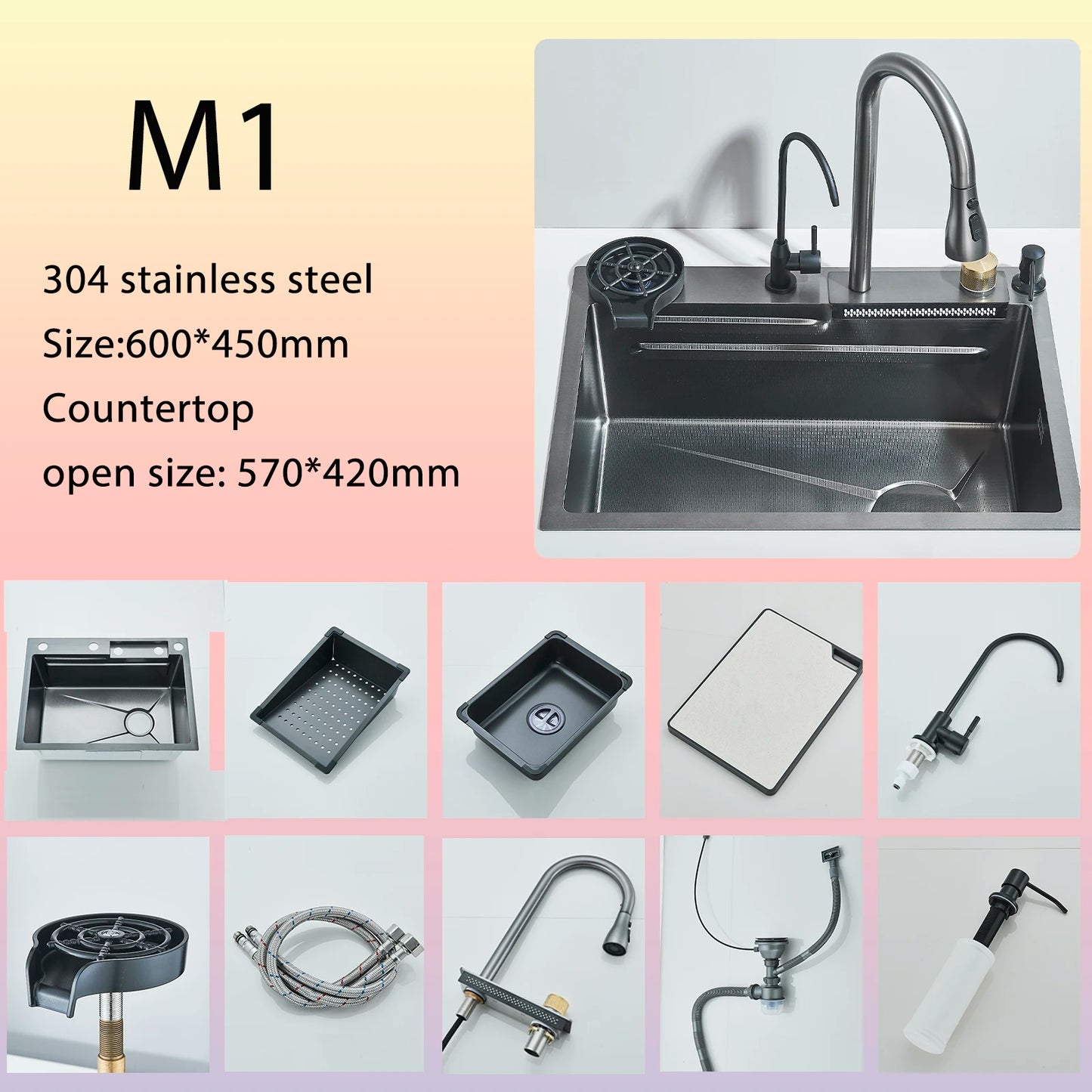 304 Stainless Steel Waterfall Kitchen Sink Sink Large Single basin With Large Single Slot Sink Above Counter With Cup Disher