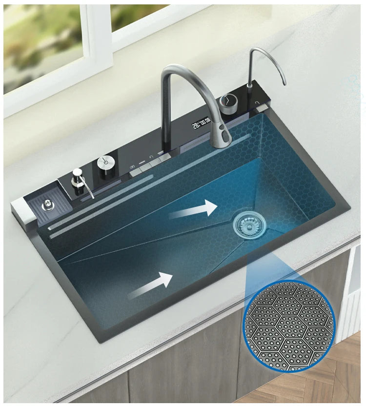 YCRAYS Gold Waterfall Multifunctional Kitchen Sink Large Single Slot Integrated Digital Display Faucet Soap Dispenser Cup Washer