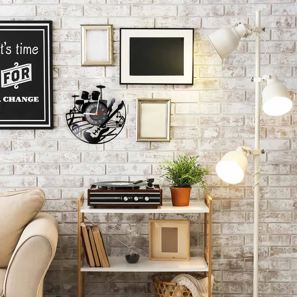 Guitar and Drum Kits Wall Clock Guitar Player Music Vinyl Record Clock Rock Music Instrument Guitar Wall Art Rock n Rock Gift