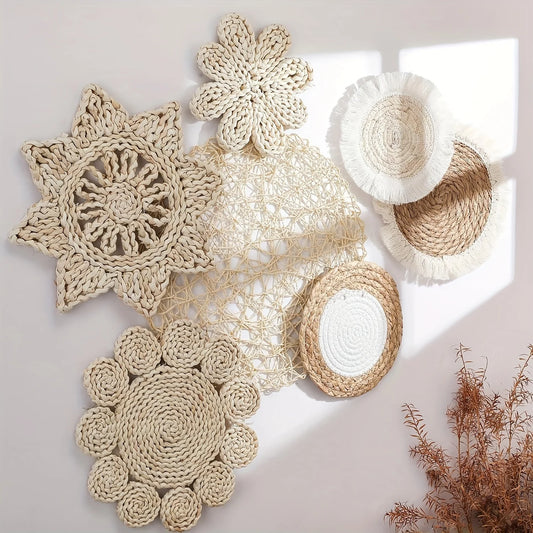 Bohemian Style Wall Basket Decor Set of 7 Art Deco Handwoven Rattan Wicker Wall Art for Farmhouse Living Room Bedroom Gift
