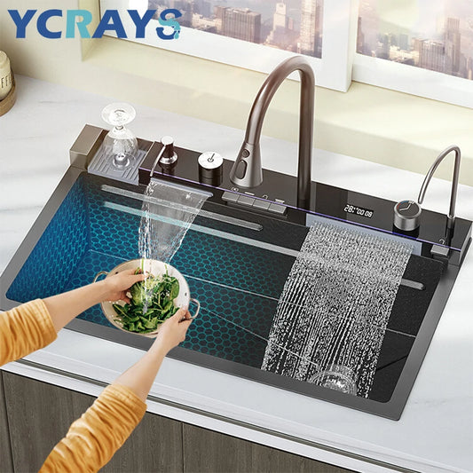YCRAYS Gold Waterfall Multifunctional Kitchen Sink Large Single Slot Integrated Digital Display Faucet Soap Dispenser Cup Washer