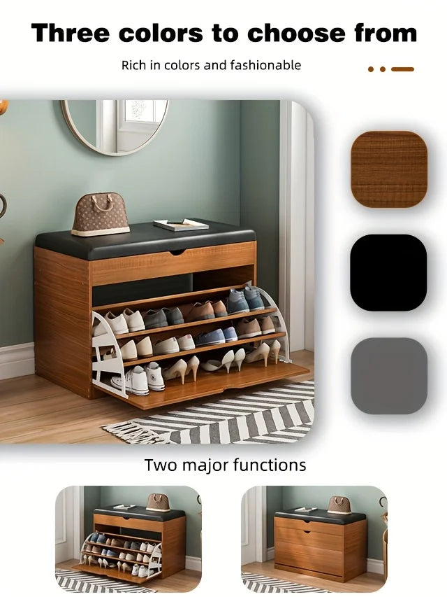 Wooden Shoe Bench with Storage | 3-Tier Shoe Rack, Cushioned Seat & Hidden Cabinet | Space-Saving Entryway Organizer for Home