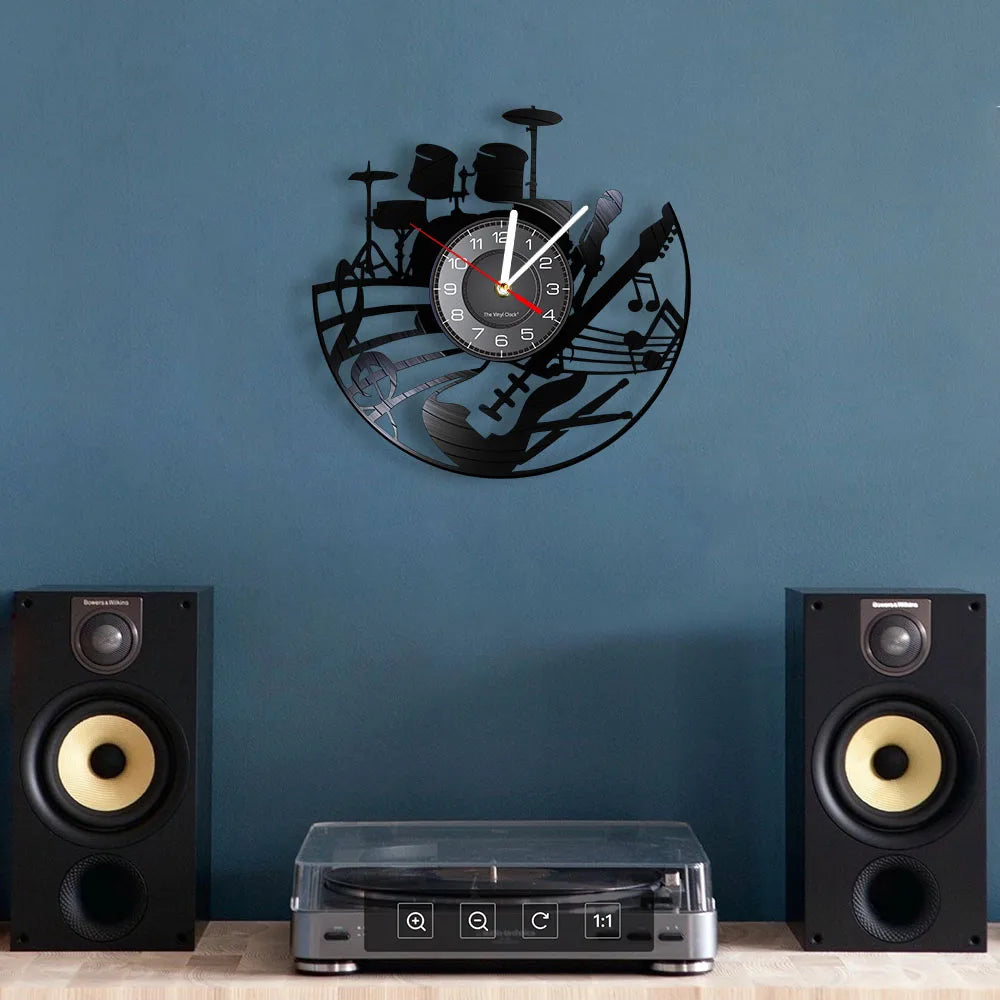 Guitar and Drum Kits Wall Clock Guitar Player Music Vinyl Record Clock Rock Music Instrument Guitar Wall Art Rock n Rock Gift