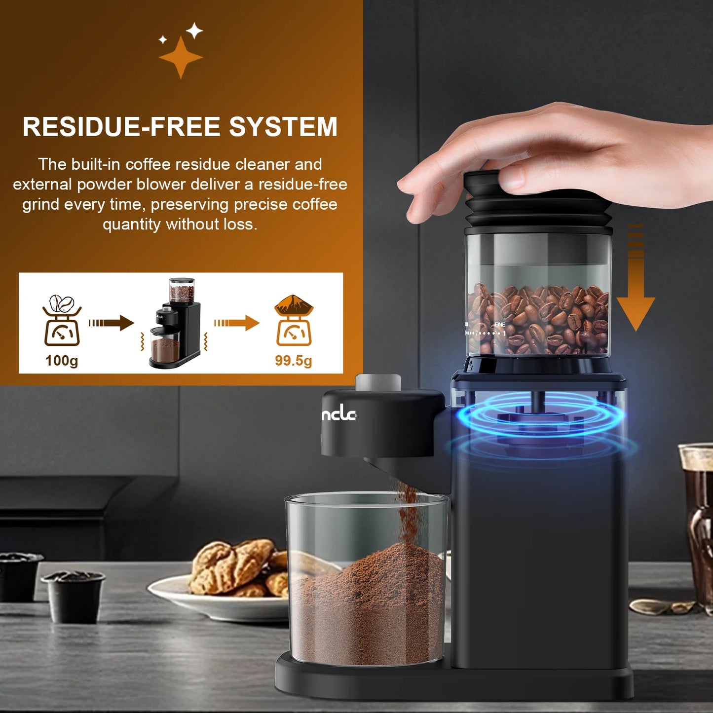 Coffee Bean Grinder Automatic Conical Burr Grinder 25 Precise Grindings with Powder Blower for Espresso French Coffee 2-12 Cups