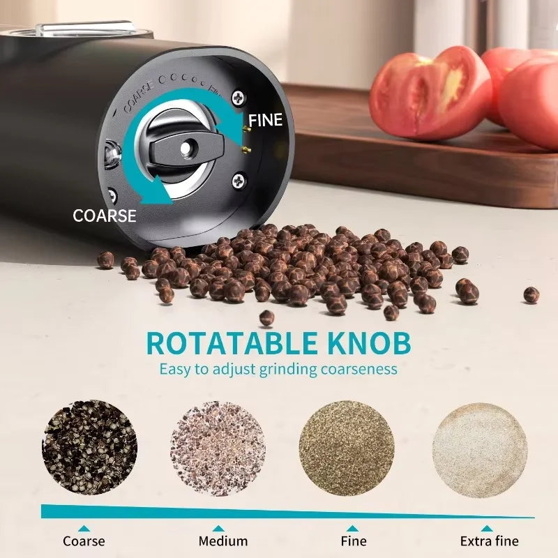 Electric Salt and Pepper Grinder Set with Charging Base and LED Light Adjustable Coarseness Automatic Spice Herb Mill