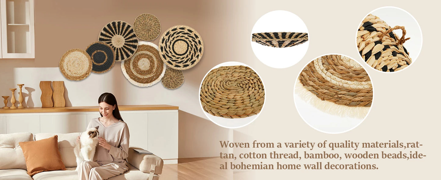 7 Pack Boho Wall Basket Decor, Hanging Woven Wall Basket Decor, Seagrass Rattan Wicker Boho Wall Decor, Round Wall Art
