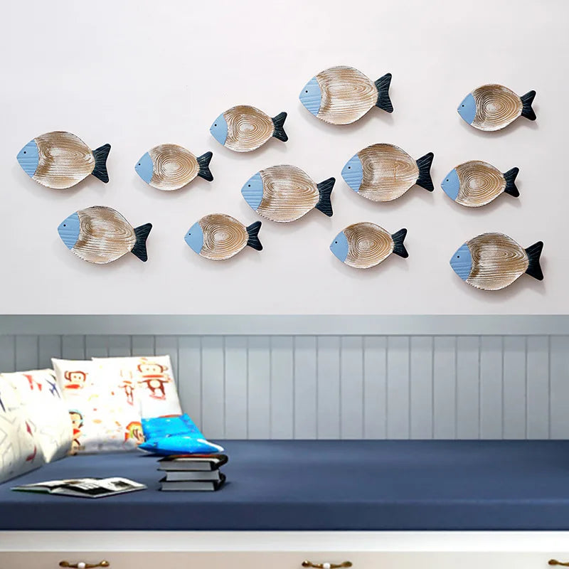 Woodiness Mediterranean Ocean Wall Stereoscopic Model Room Hotel Fish Wall Decor Decoration Size Set Can Be Hung or Placed