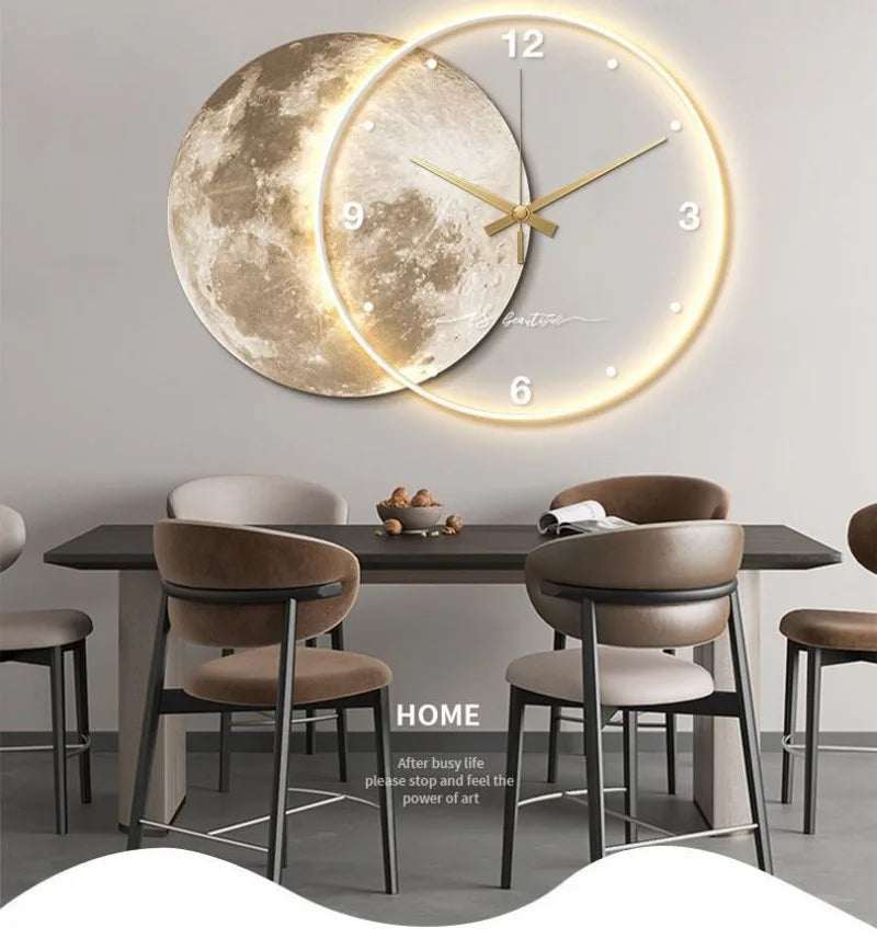 Large Dining Room Living Room Wall Clock Luxury Moon The Earth Modelling LED Light Silent Movement  Bedroom Wall Decoration Gift