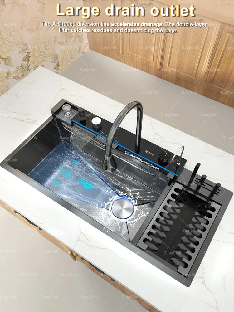 Stainless Steel New Waterfall Kitchen Sink Digital Display Dishwashing Sinks With Draining Rack Embossed Extra Large Single Slot