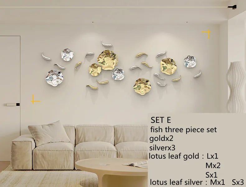 Stereo Resin Background Wall Decoration Carp Fish Lotus Leaf  Gold Wall Pendant Chinese Bionics Home Decoration Accessories