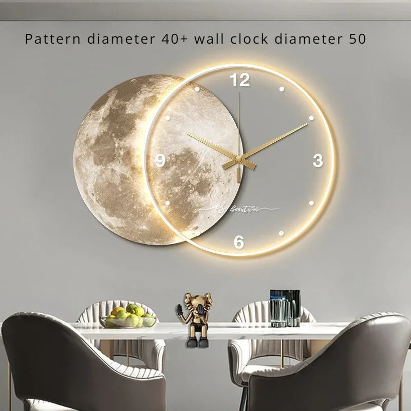 Large Dining Room Living Room Wall Clock Luxury Moon The Earth Modelling LED Light Silent Movement  Bedroom Wall Decoration Gift