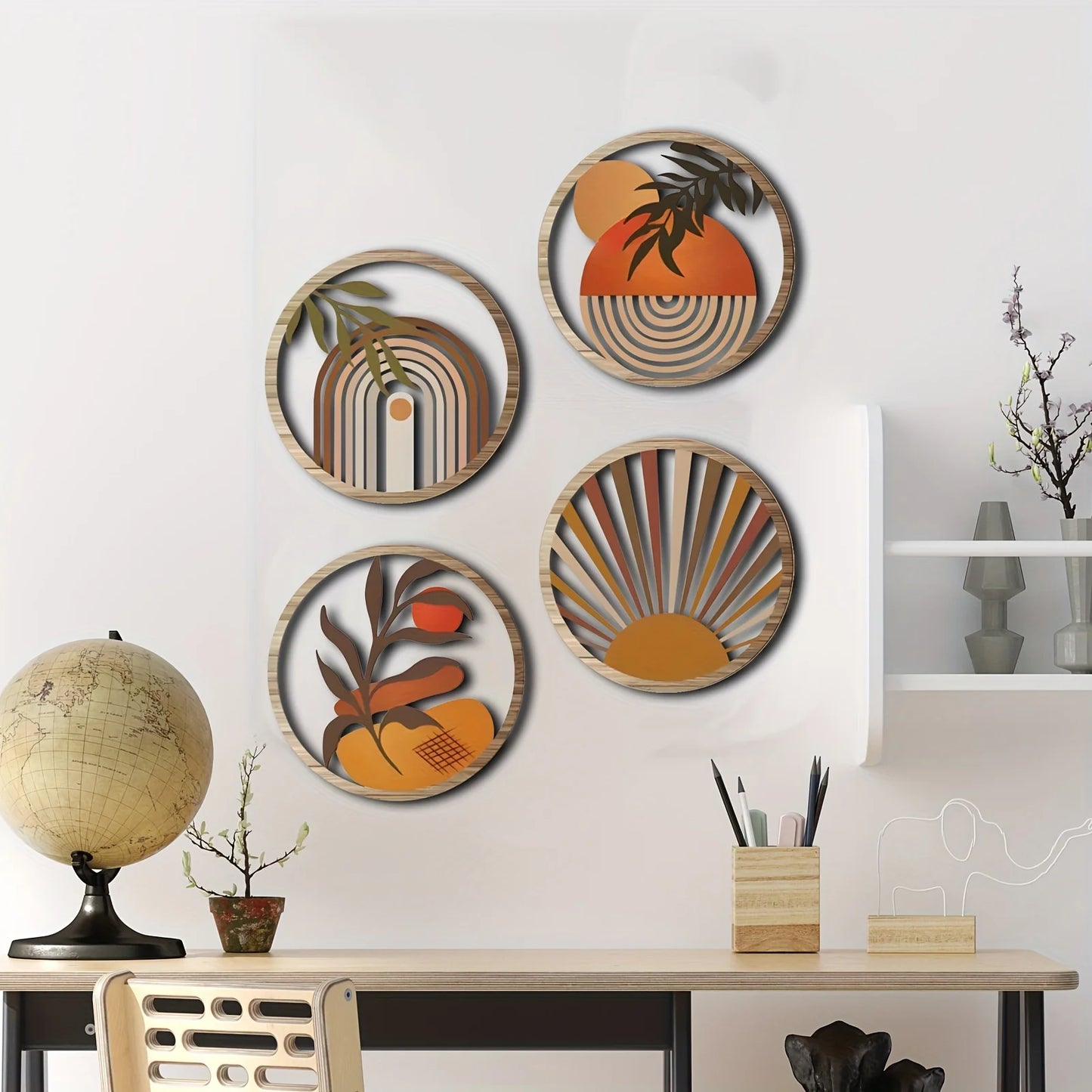 4pcs Bohemian Wooden Wall Art Set - Energy-Efficient, Hollowed-Out, Pastoral Theme Hanging Sculptures for Living Room, Bedroom