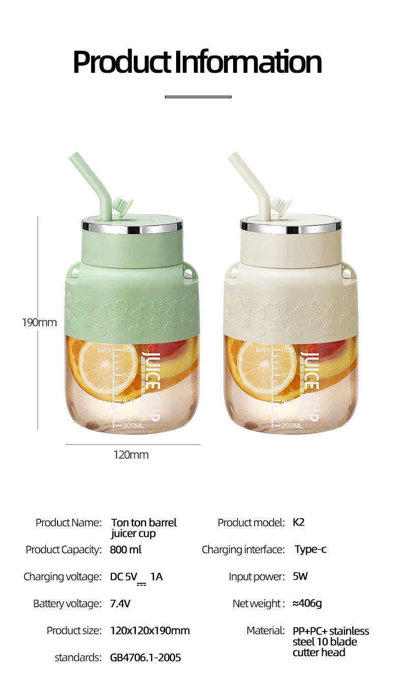 Wireless Portable Juicing Bucket Electric 800ml Sports Cup Fresh Fruit Juicer With Large Capacity and 10 Stainless Steel Blades