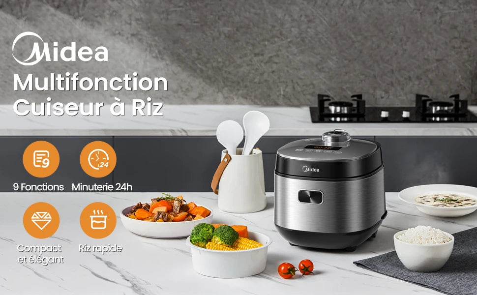 Midea rice cooker with 9 functions, 2 L, 4 cups, for 1 to 3 people, advanced heating technology, fast rice 30 min,