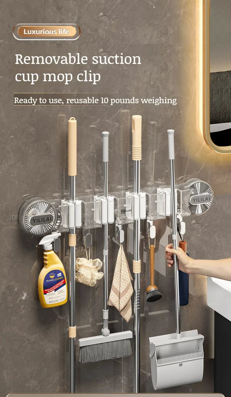 Suction Cup Mop Clamp Wall Hanging Bathroom Broom Hanger Hook Non Punching Toilet Snap Artifact Mop Clip Rack Storage Shelf