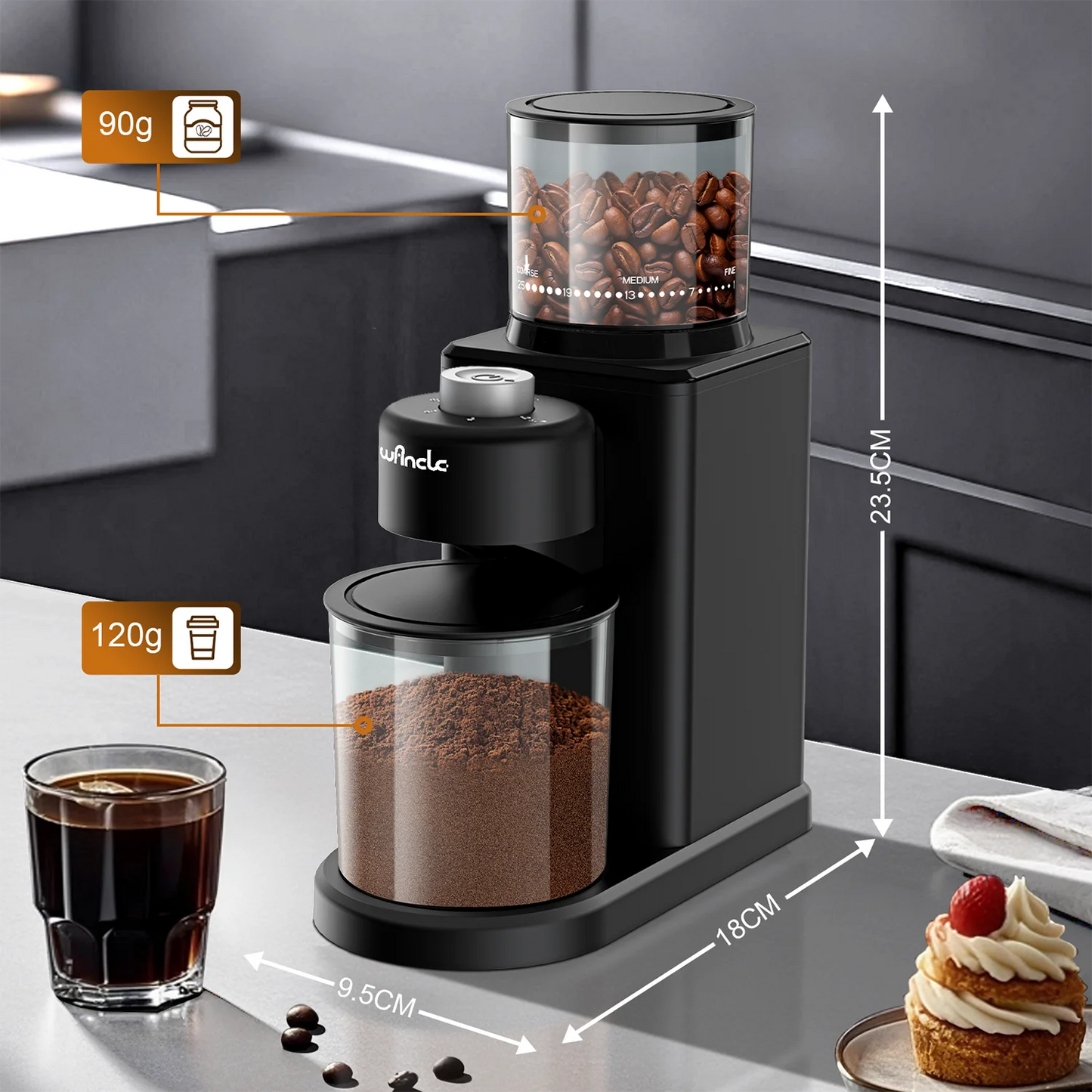 Coffee Bean Grinder Automatic Conical Burr Grinder 25 Precise Grindings with Powder Blower for Espresso French Coffee 2-12 Cups