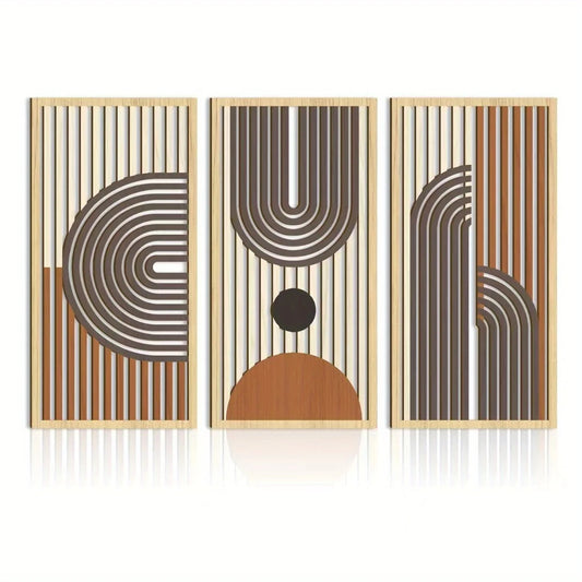 3PCS Modern Line Hollow Wooden Art Wall Decor, Abstract Geometric Wall Sculptures, Wall Decor for Bedroom Living Room Office