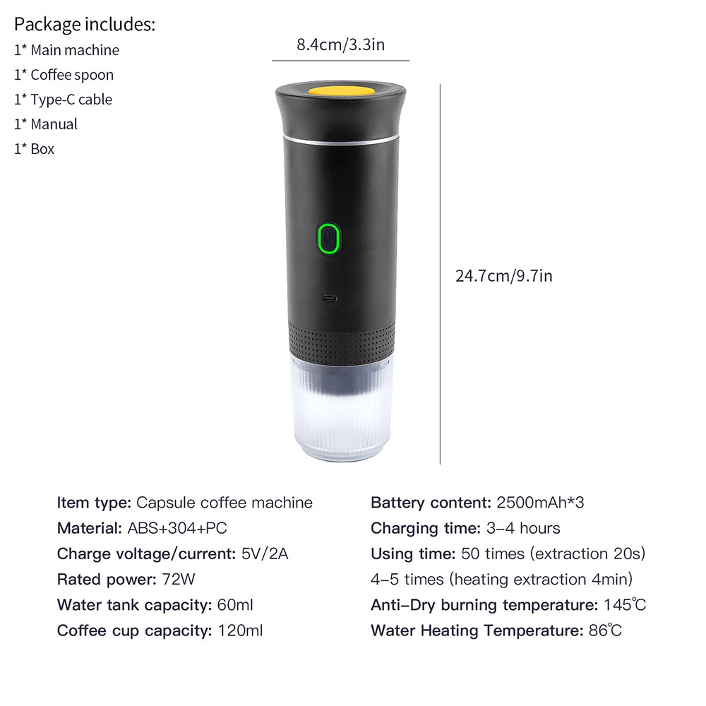 Portable Wireless Electric Espresso Coffee Machine For Travel &Car &Home Camping Coffee Maker 3-in-1 Capsule Powder Coffee Maker