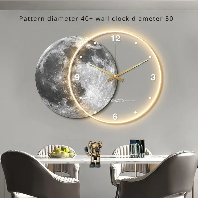 Large Dining Room Living Room Wall Clock Luxury Moon The Earth Modelling LED Light Silent Movement  Bedroom Wall Decoration Gift