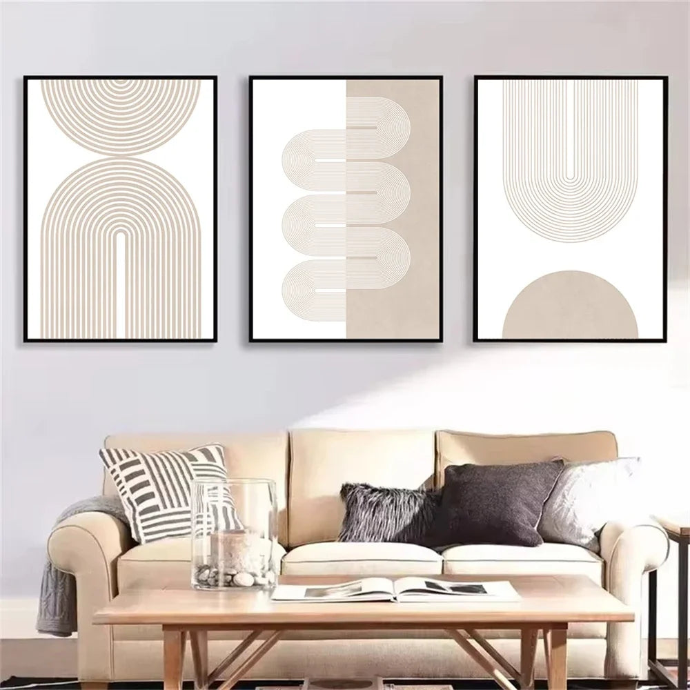 Modern Minimalist Wall Art Geometric Beige Boho Line Canvas Painting Bohemian Poster Prints Pictures Bedroom Living Room Decor