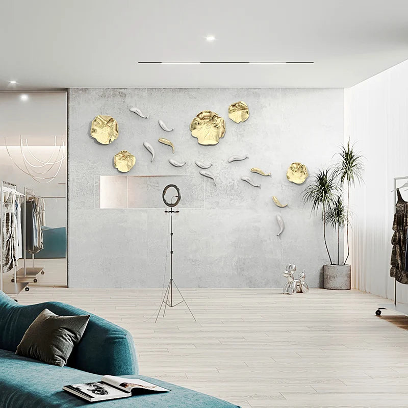 Stereo Resin Background Wall Decoration Carp Fish Lotus Leaf  Gold Wall Pendant Chinese Bionics Home Decoration Accessories