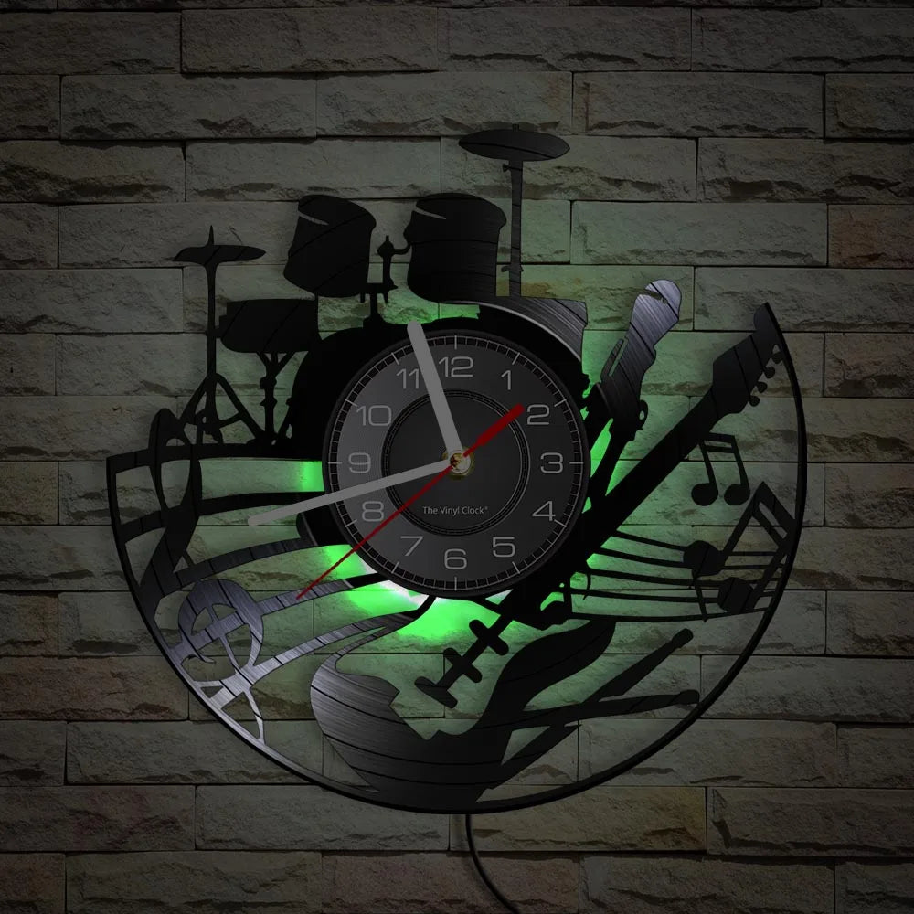 Guitar and Drum Kits Wall Clock Guitar Player Music Vinyl Record Clock Rock Music Instrument Guitar Wall Art Rock n Rock Gift