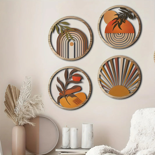 4pcs Bohemian Wooden Wall Art Set - Energy-Efficient, Hollowed-Out, Pastoral Theme Hanging Sculptures for Living Room, Bedroom