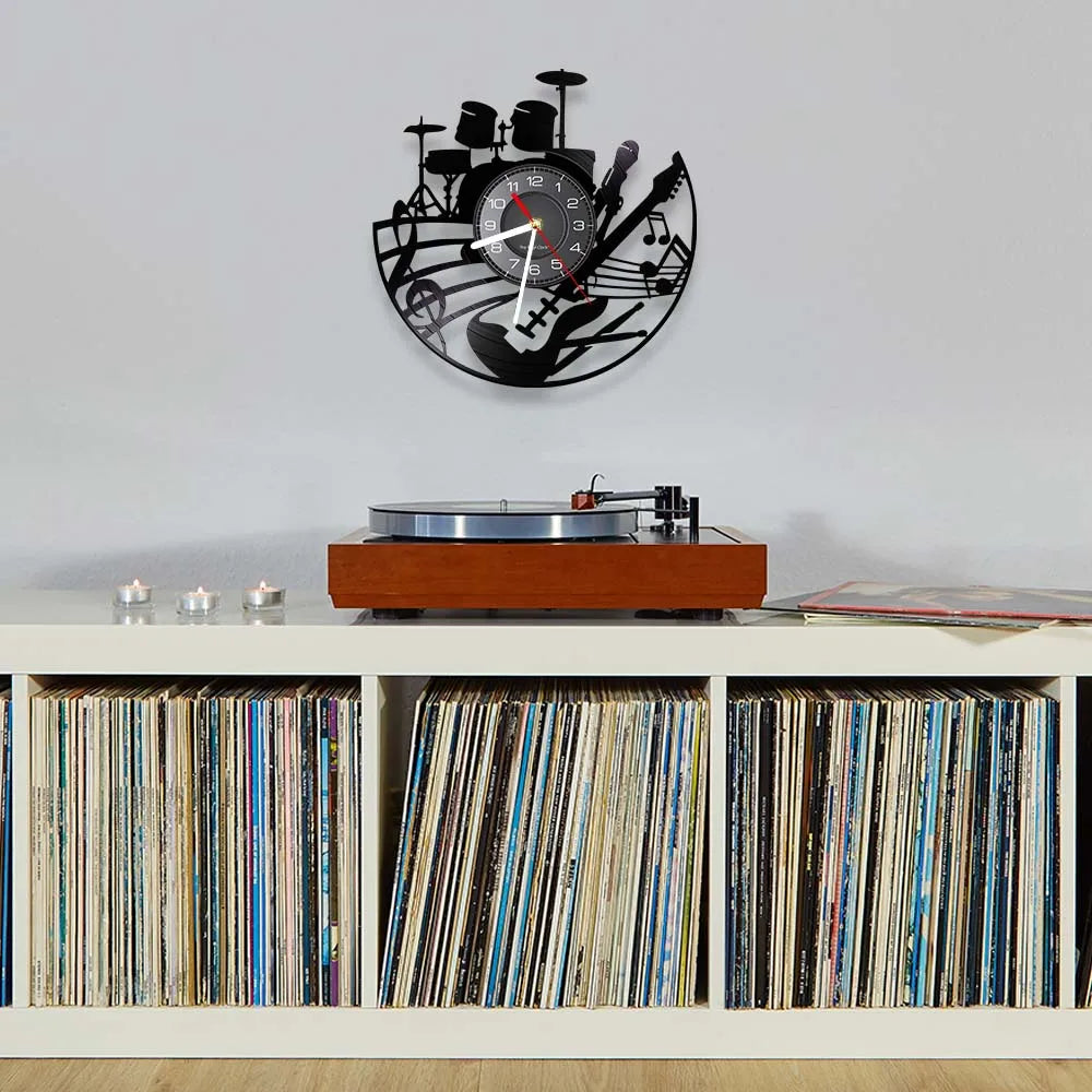 Guitar and Drum Kits Wall Clock Guitar Player Music Vinyl Record Clock Rock Music Instrument Guitar Wall Art Rock n Rock Gift