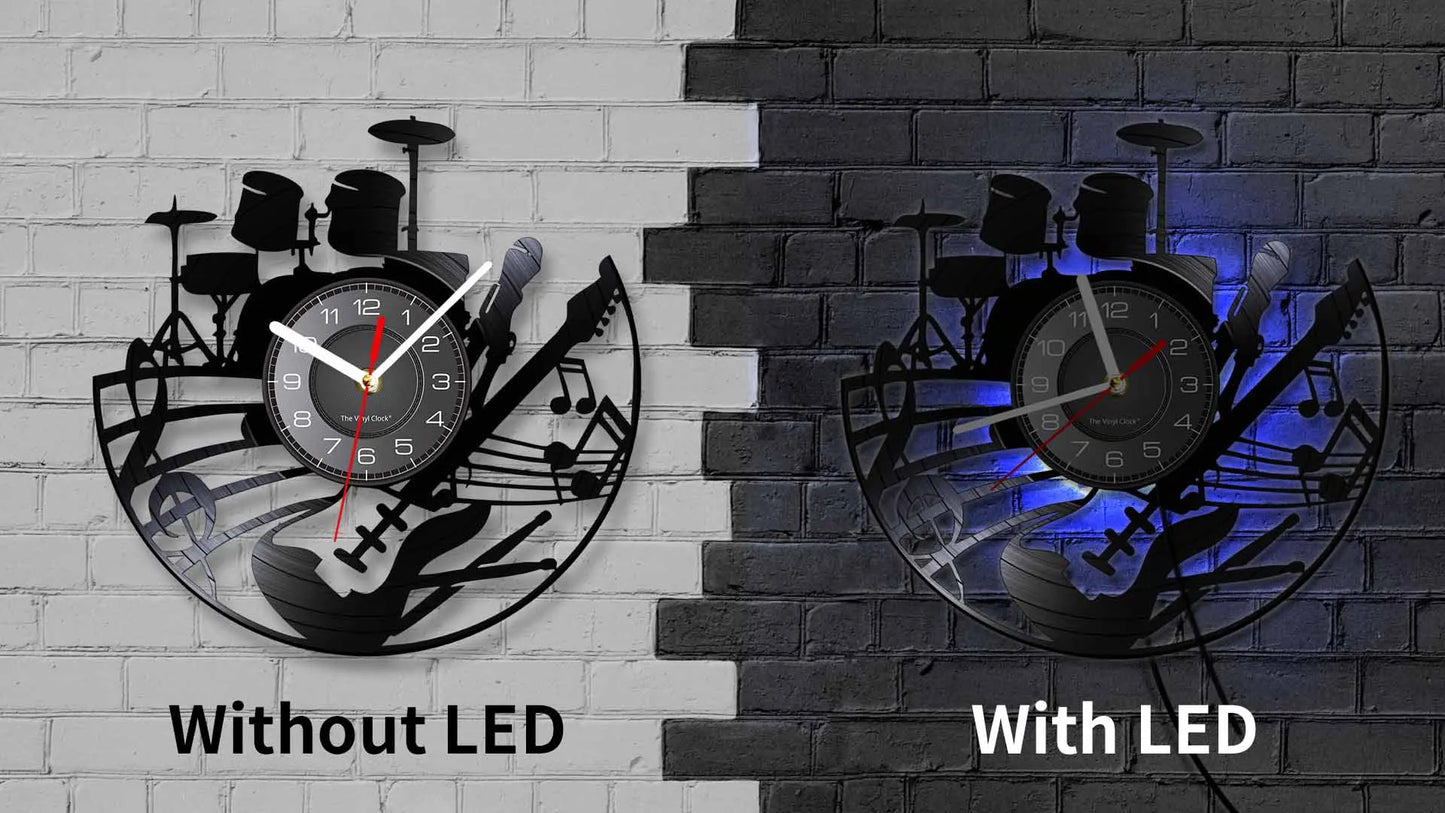 Guitar and Drum Kits Wall Clock Guitar Player Music Vinyl Record Clock Rock Music Instrument Guitar Wall Art Rock n Rock Gift