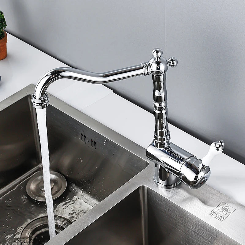 Brass Kitchen Faucet Ceramic Handle Deck Mount Bathroom Basin Faucet 360 Rotate Mixer Taps Hot Cold Water Faucet Crane