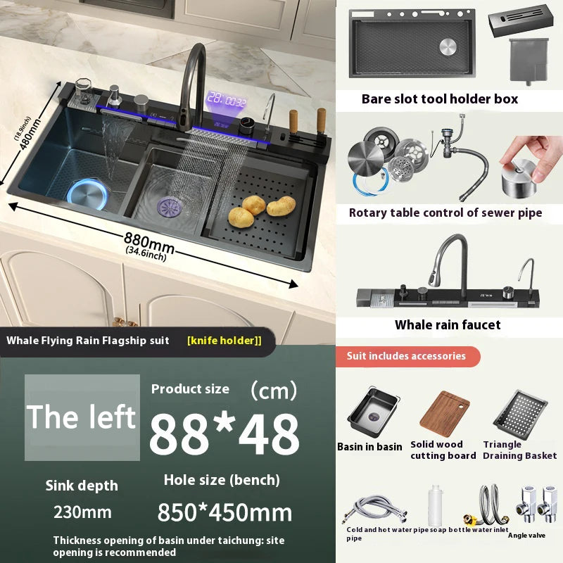 Stainless Steel New Waterfall Kitchen Sink Digital Display Dishwashing Sinks With Draining Rack Embossed Extra Large Single Slot