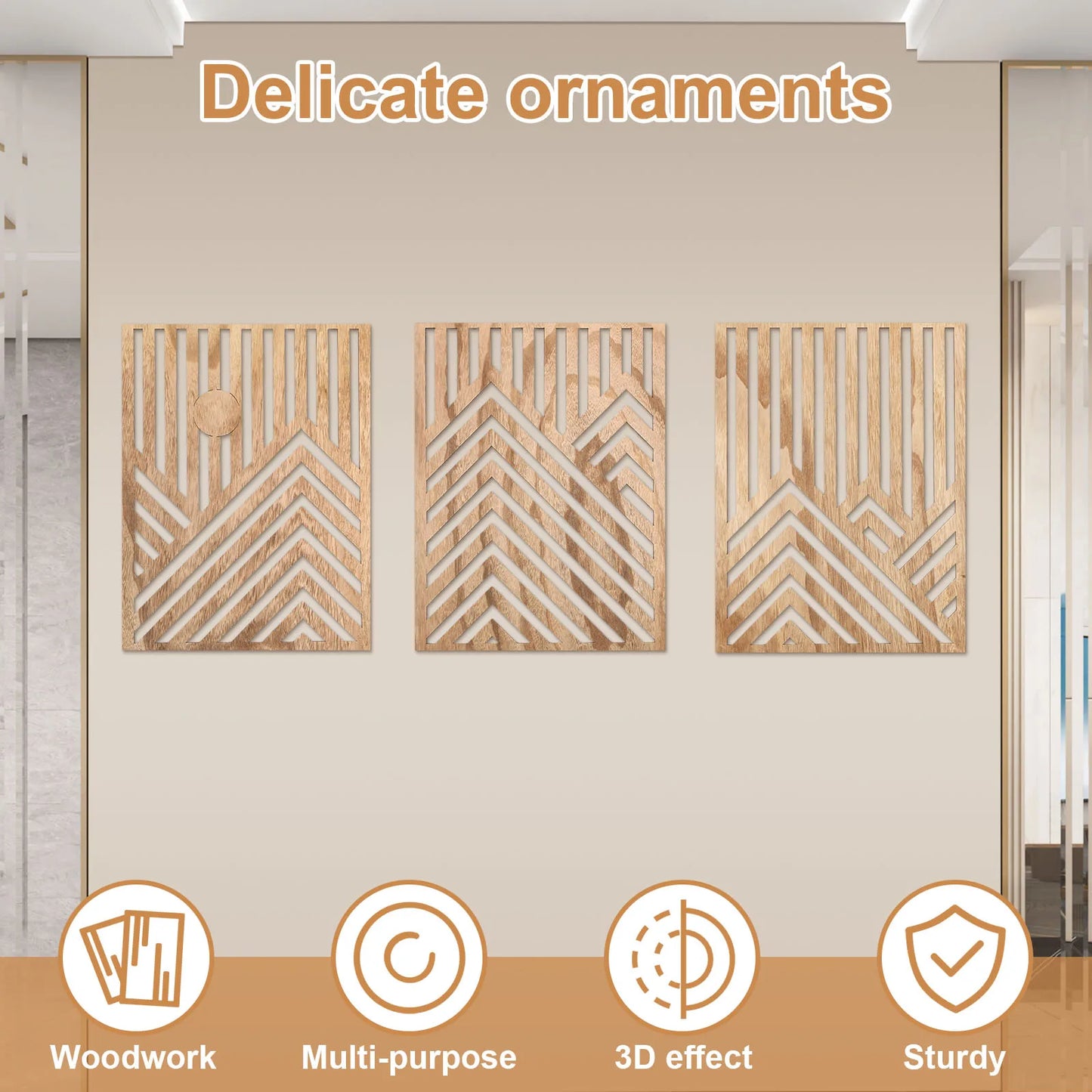 3Pcs Wood Wall Art Wood Wall Sculpture Decor Openwork Wood Wall Ornament Easy to Hang Timber Wall Artwork for Living Room