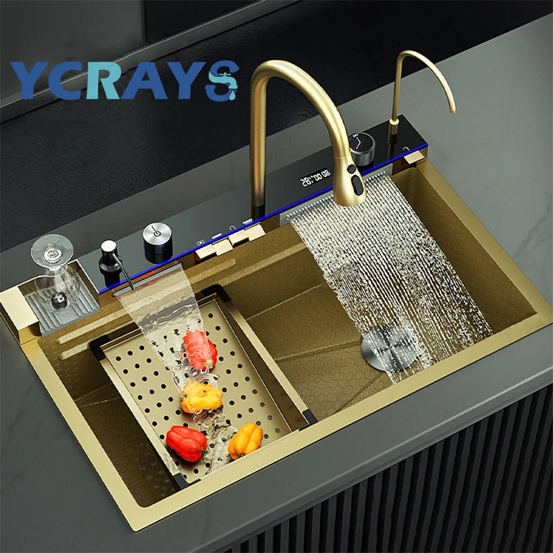 YCRAYS Gold Waterfall Multifunctional Kitchen Sink Large Single Slot Integrated Digital Display Faucet Soap Dispenser Cup Washer