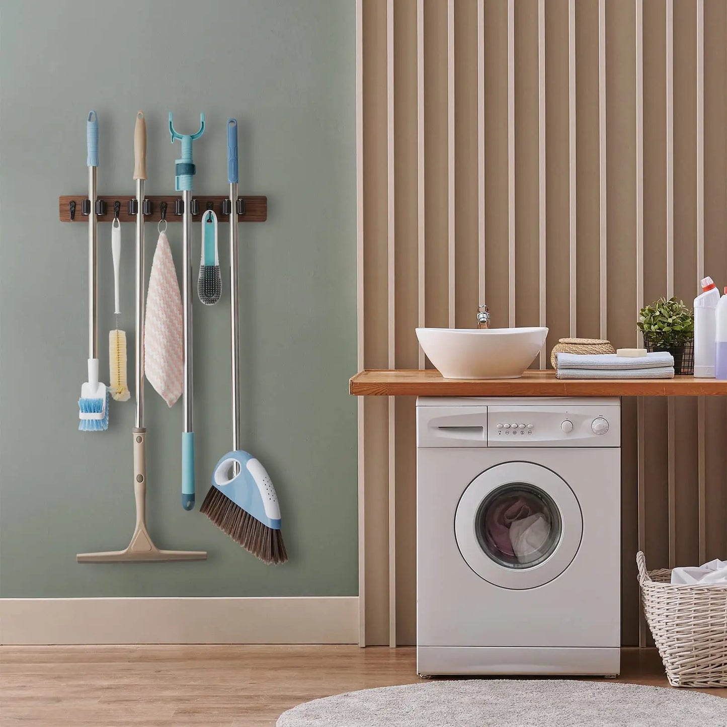 Rustic Wood Broom Mop Holder Hanger Wall Mounted Garden Tool Rack Organizer With 4 Slots 4 Hooks For Garage Laundry Room