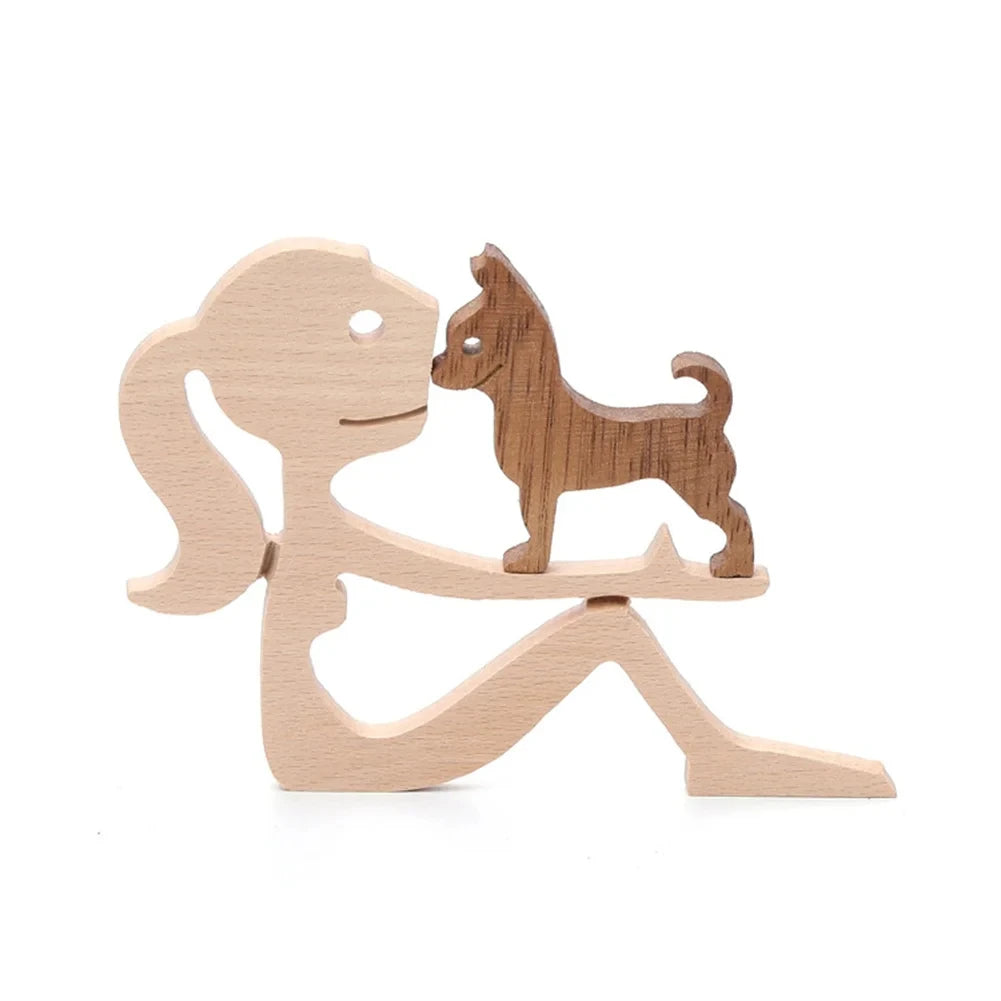 Wooden Dog And Human Craft Figurin Creative 3D Home Office Decoration Man Statue Wood Toy Desk ECO Friendly Free Shipping