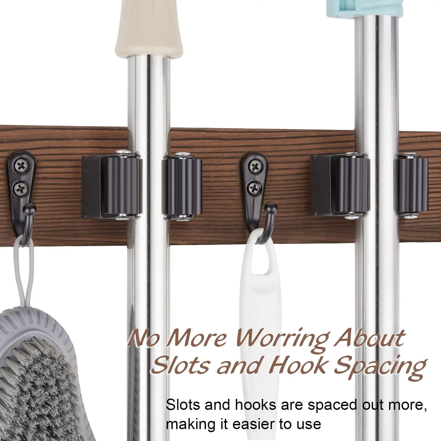 Rustic Wood Broom Mop Holder Hanger Wall Mounted Garden Tool Rack Organizer With 4 Slots 4 Hooks For Garage Laundry Room