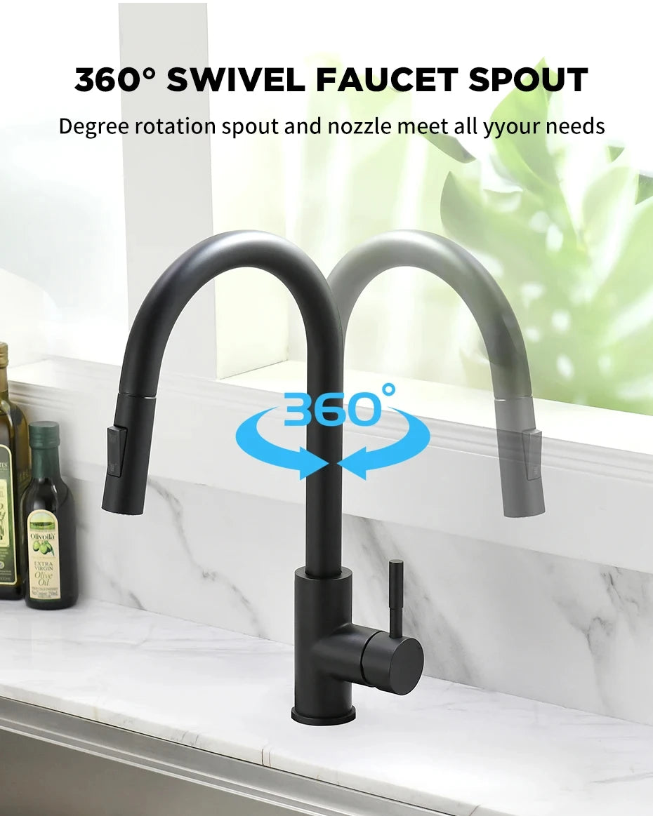 304 brushed kitchen faucet, black surface faucet, kitchen sink faucet, pull-out kitchen faucet, single hole faucet